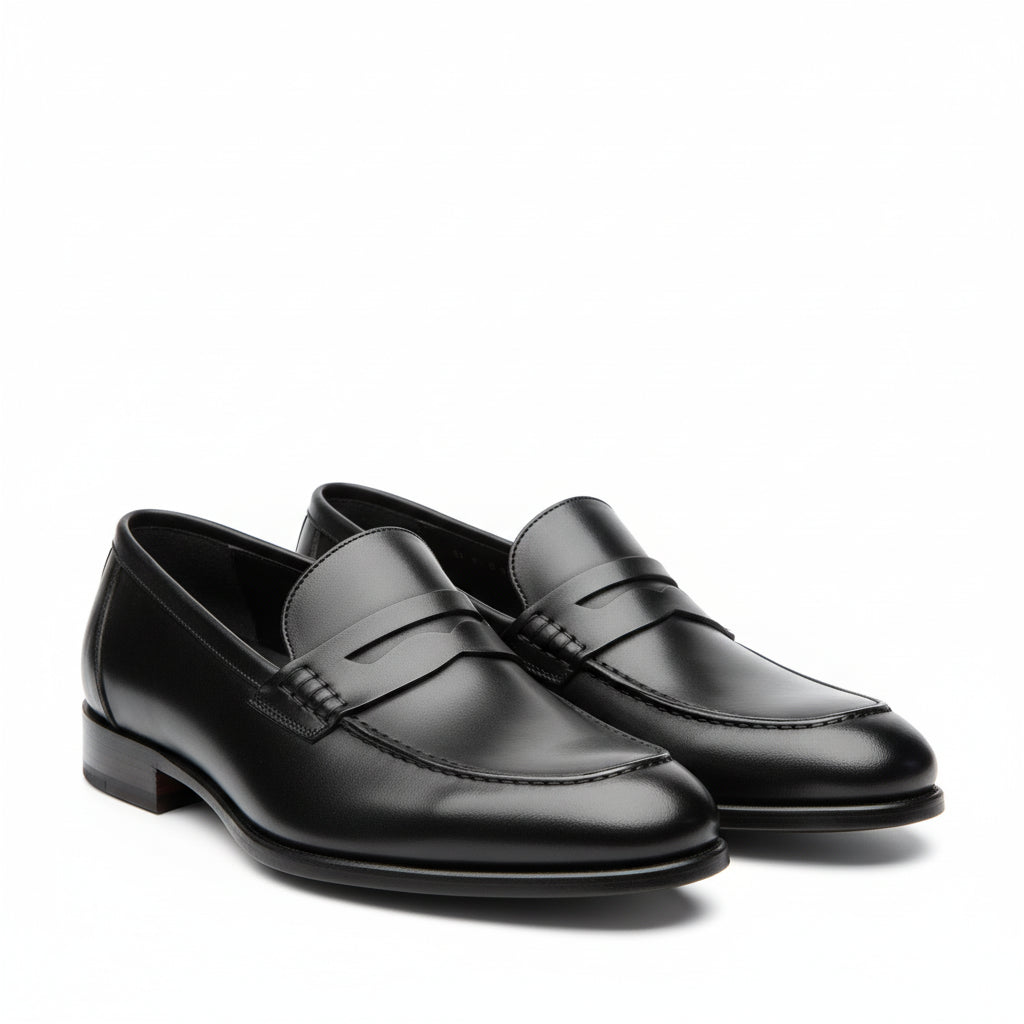 three-quarter-view - Men's Black Leather Moccasins with Customizable Fit