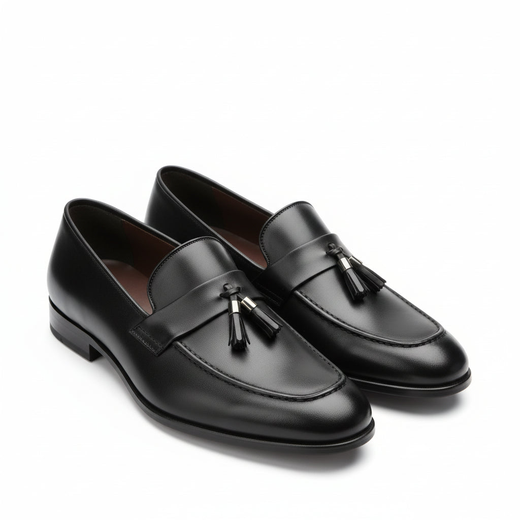 Men's Black Leather Moccasins with Tassels - three-quarter-view