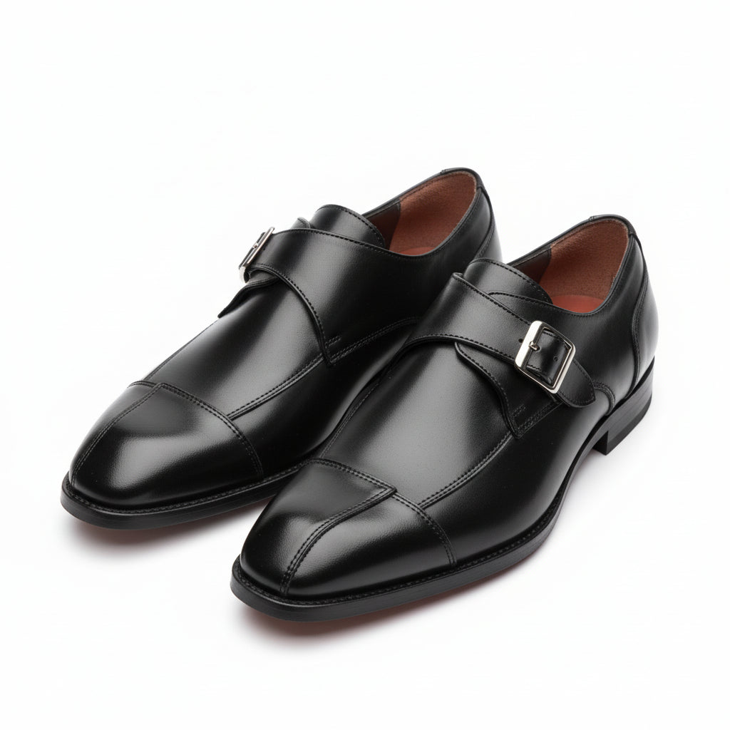 three-quarter-view - Men's Black Leather Monk Dress Shoes