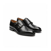 three-quarter-view - Men's Black Leather Monk Strap Shoes
