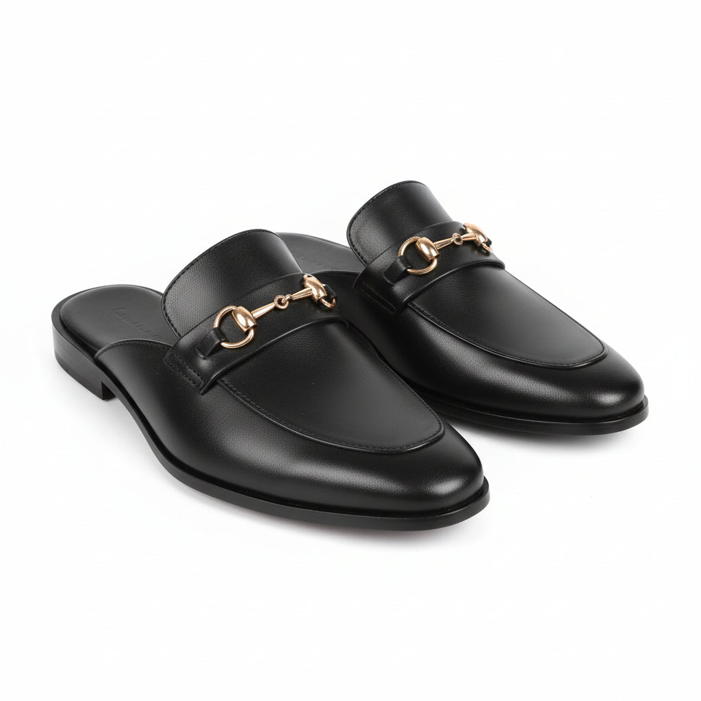 Men's Black Leather Mule Slippers with Flat Horsebit - three-quarter-view