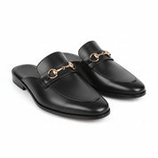 Men's Black Leather Mule Slippers with Flat Horsebit - three-quarter-view