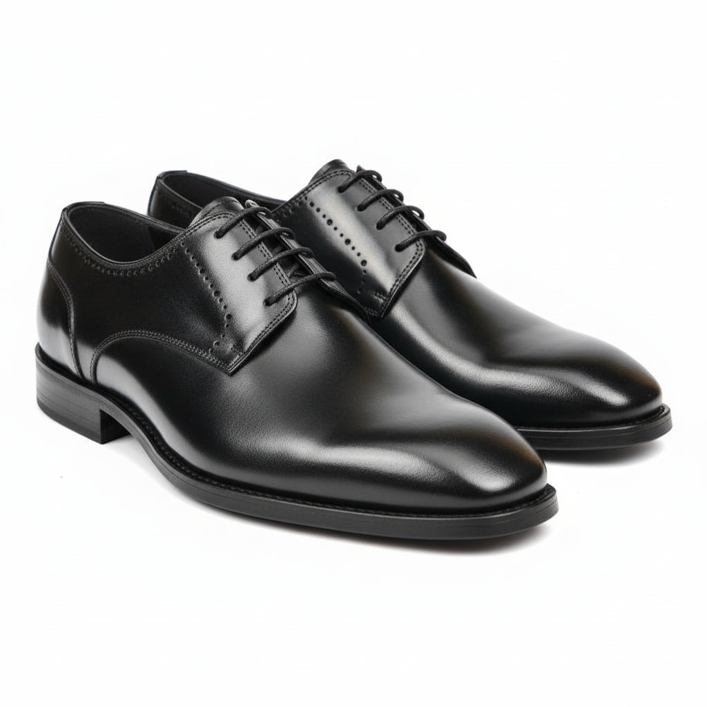 three-quarter-view - Men's Black Leather Oxford Dress Shoes with Lace-Up Closure