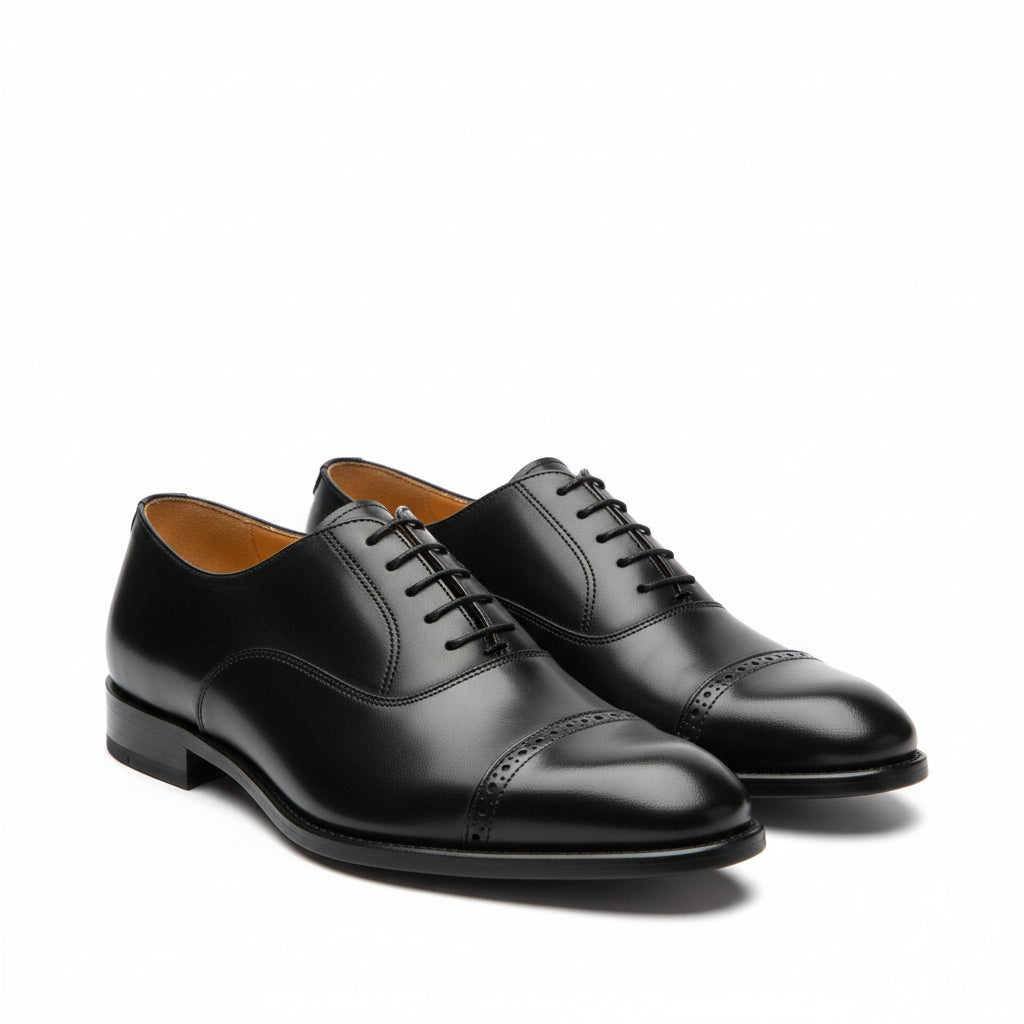 three-quarter-view - Men's Black Leather Oxford Wingtip Dress Shoes