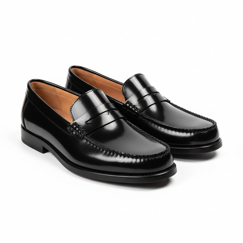 three-quarter-view - Men's Black Leather Penny Loafers