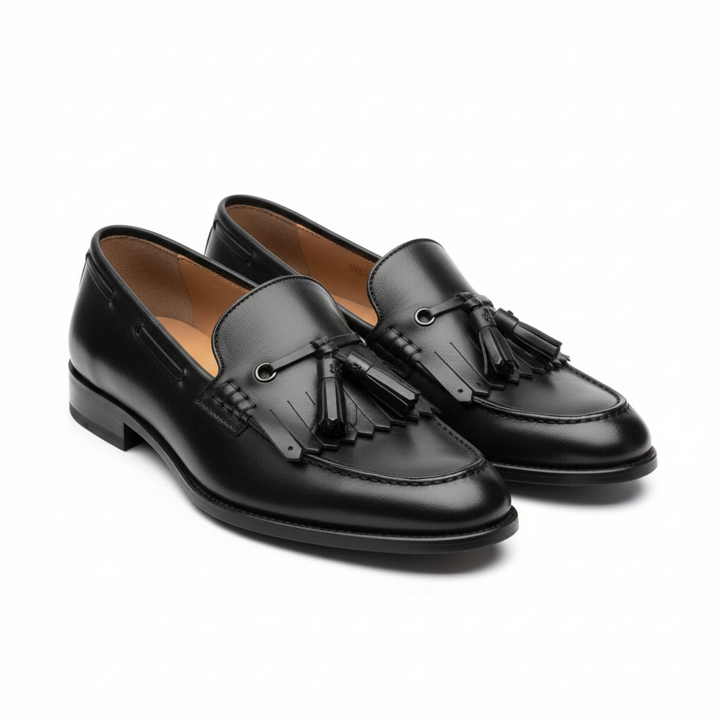 three-quarter-view - Men's Black Leather Tassel Fringe Moccasins