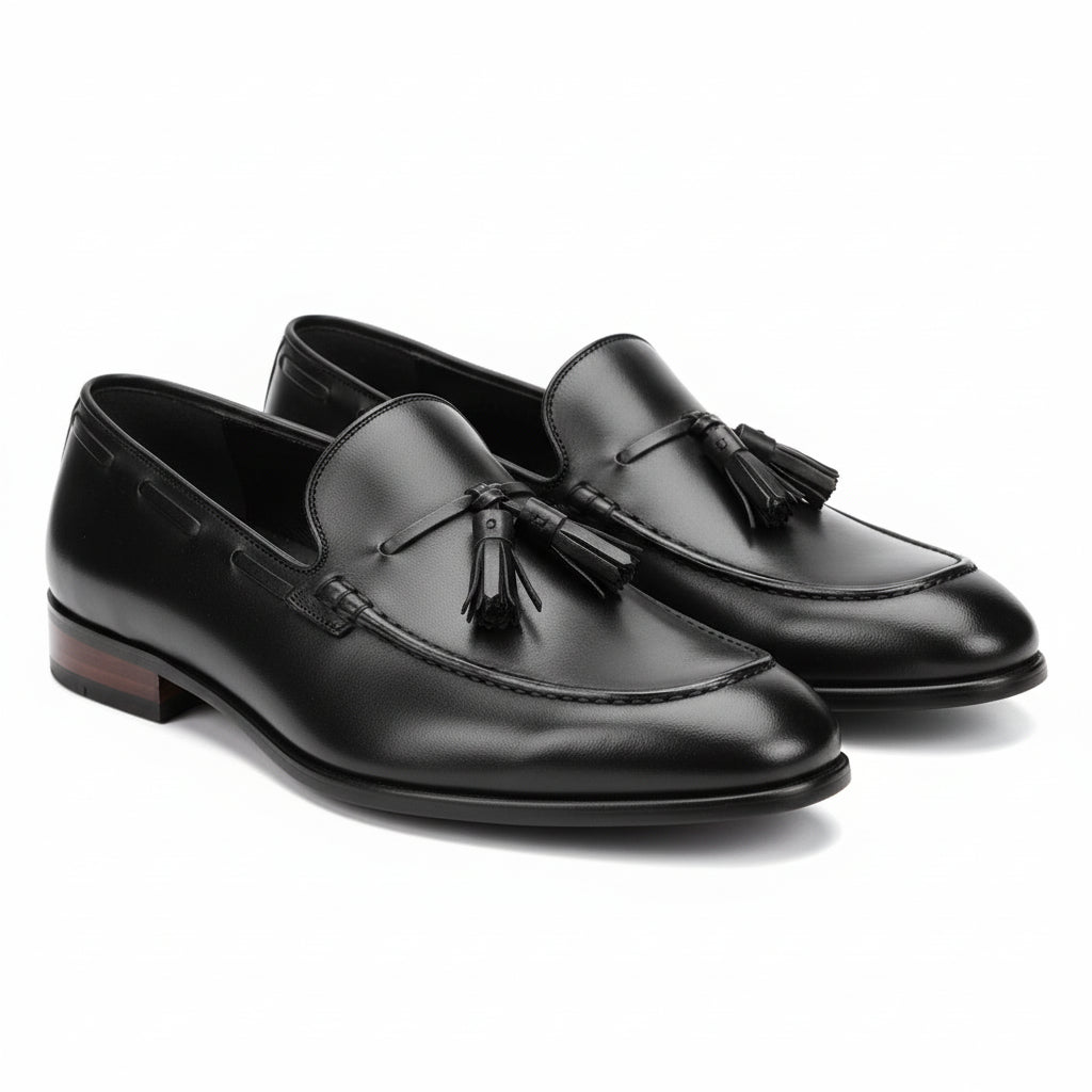 three-quarter-view - Men's Black Leather Tassel Loafers