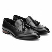 three-quarter-view - Men's Black Leather Tassel Loafers