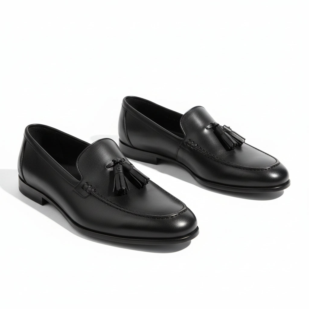 three-quarter-view - Men's Black Leather Tassel Moccasins
