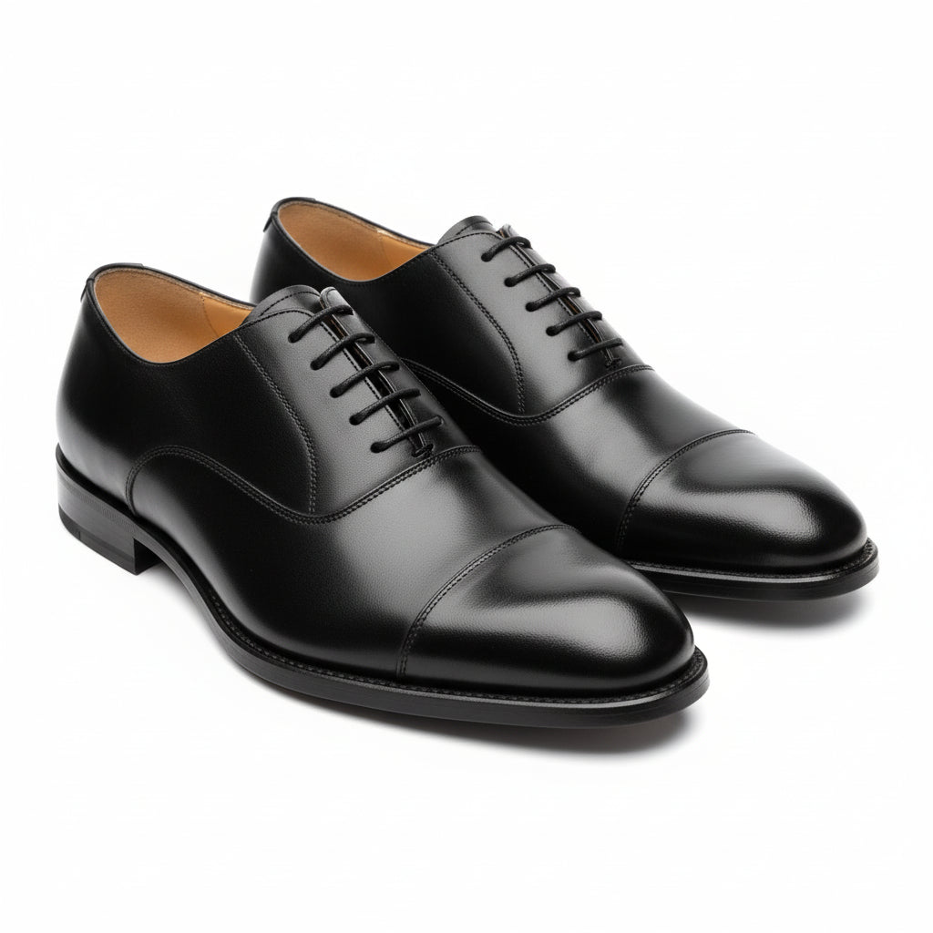 three-quarter-view - Men's Black Leather Tuxedo Oxford Dress Shoes