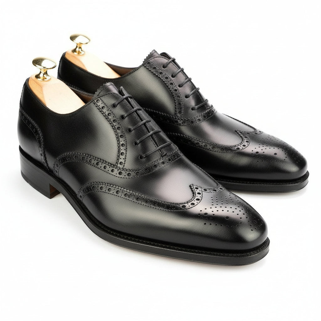 three-quarter-view - Men's Black Leather Wing Tip Brogue Dress Shoes