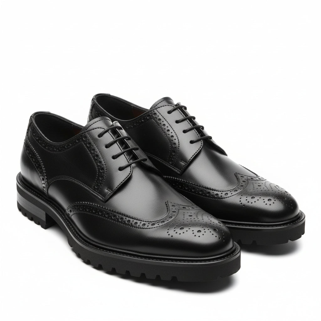three-quarter-view - Men's Black Leather Wingtip Brogue Shoes