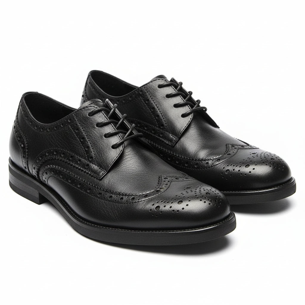 three-quarter-view - Men's Black Leather Wingtip Brogues