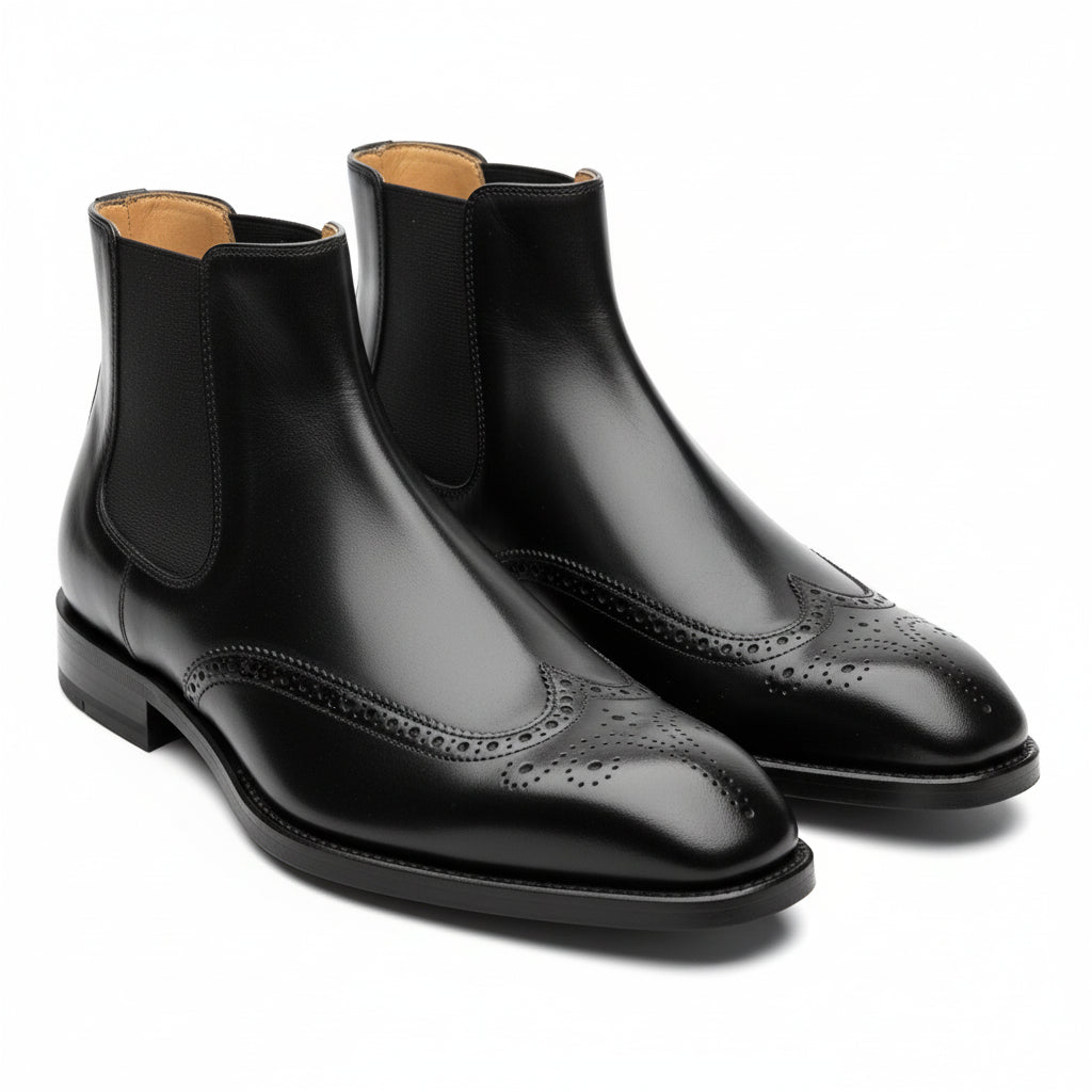 three-quarter-view - Men's Black Leather Wingtip Chelsea Boots