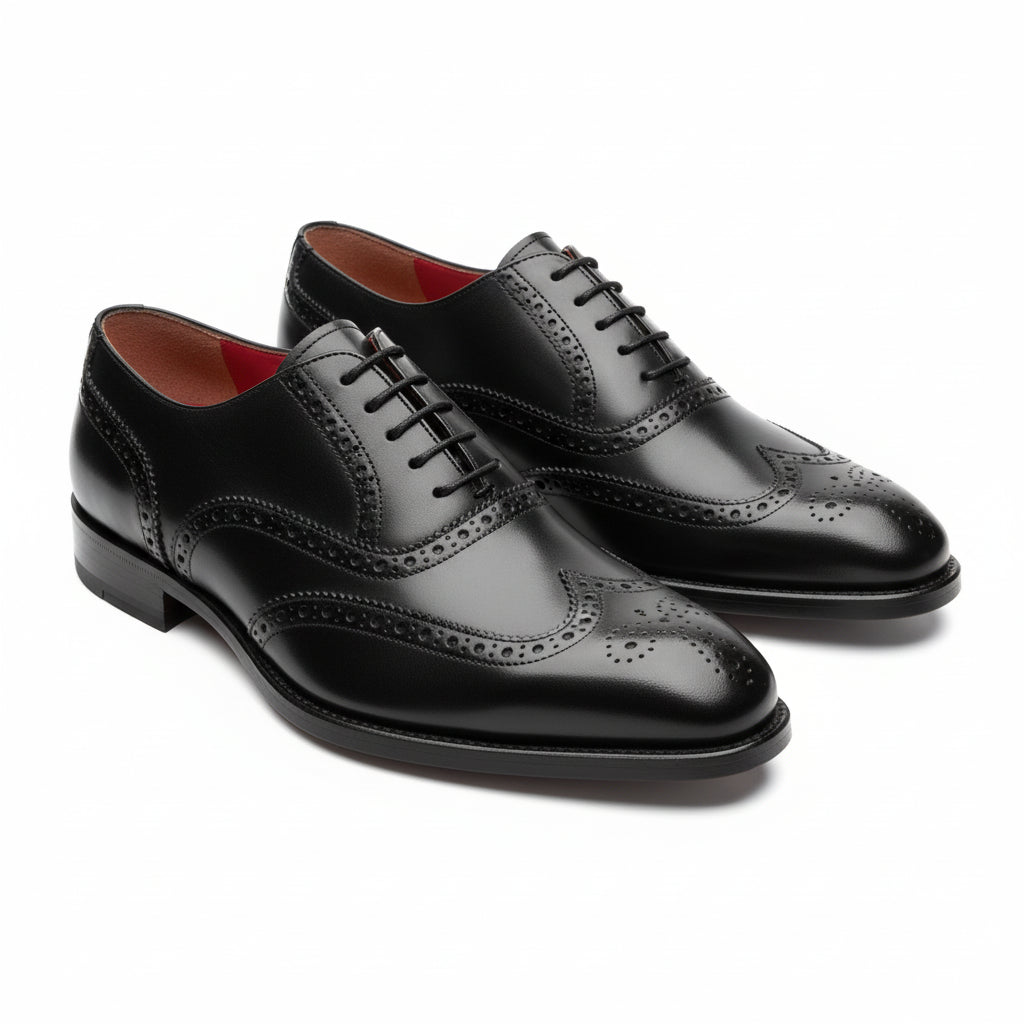 Men's Black Leather Wingtip Oxford Dress Shoes - three-quarter-view