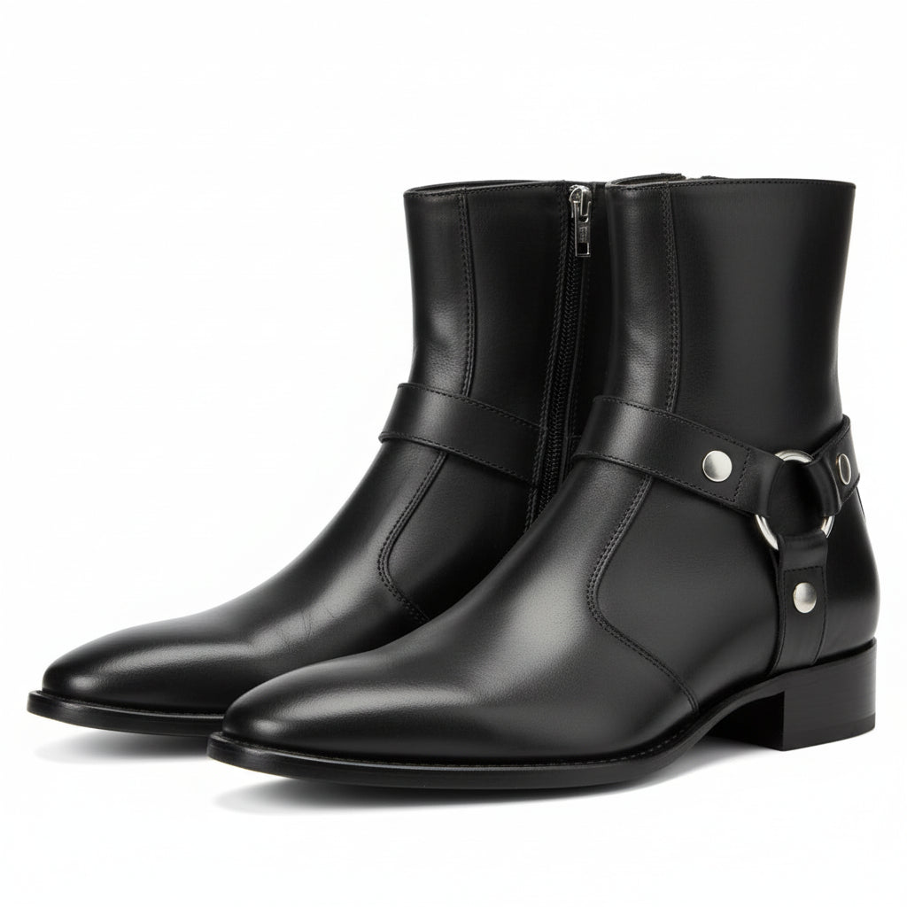 three-quarter-view - Men's Black Leather Zip Boots with Cuban Heel