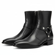 three-quarter-view - Men's Black Leather Zip Boots with Cuban Heel