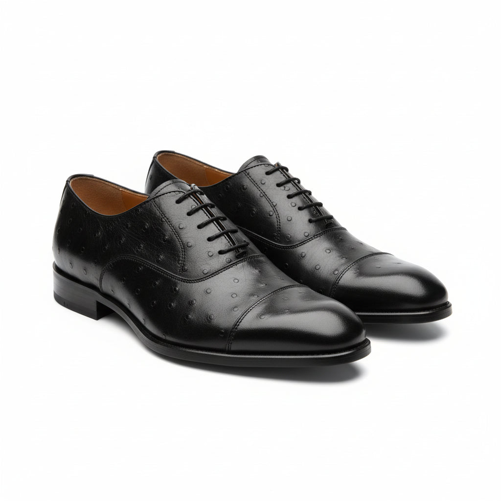 three-quarter-view - Men's Black Ostrich Leather Oxford Shoes