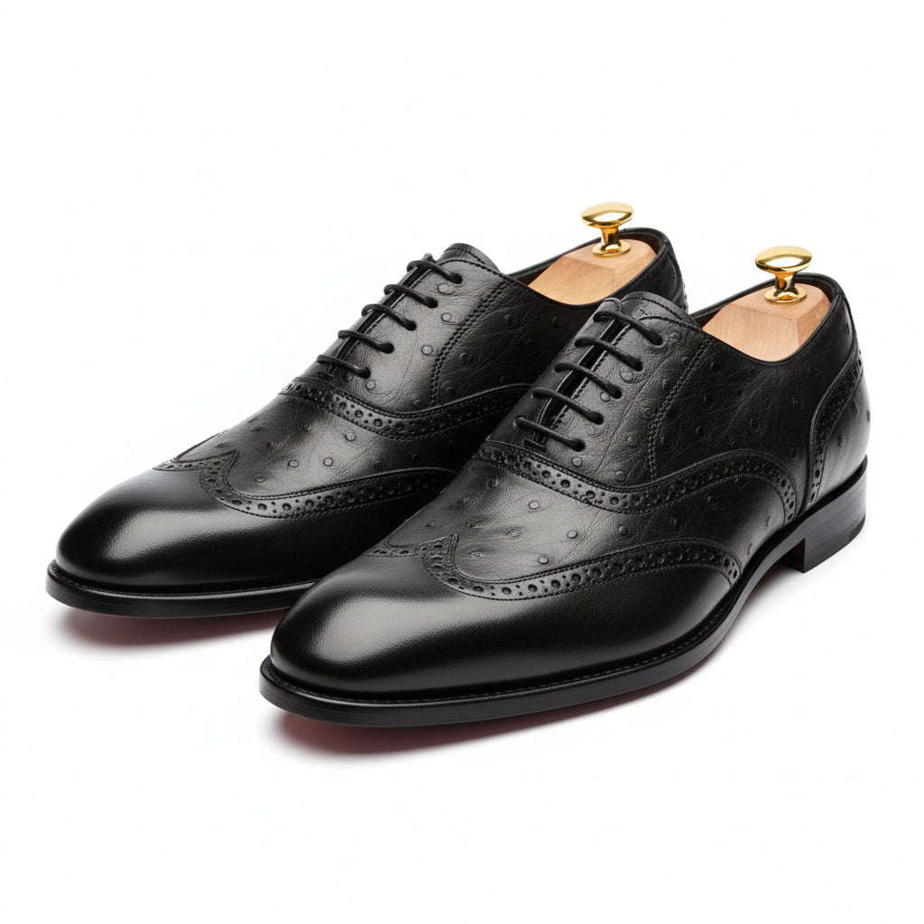 three-quarter-view - Men's Black Ostrich Leather Wingtip Shoes