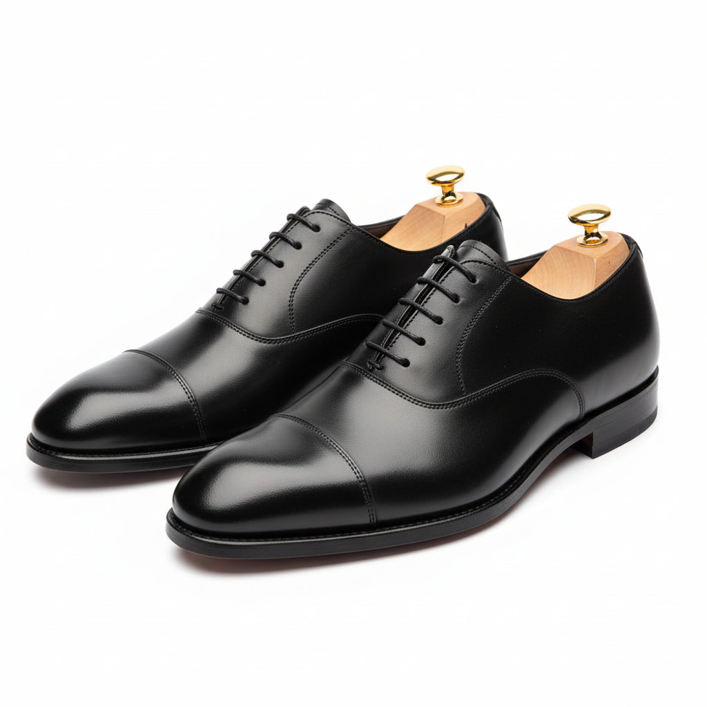 Men's Black Oxford Leather Dress Shoes - three-quarter-view