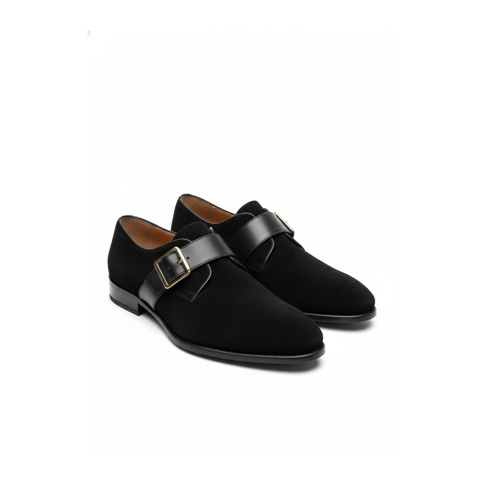three-quarter-view - Men's Black Suede Dress Shoes with Buckle Detail
