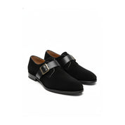 three-quarter-view - Men's Black Suede Dress Shoes with Buckle Detail