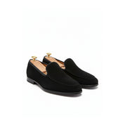 Men's Black Suede Penny Loafers - three-quarter-view
