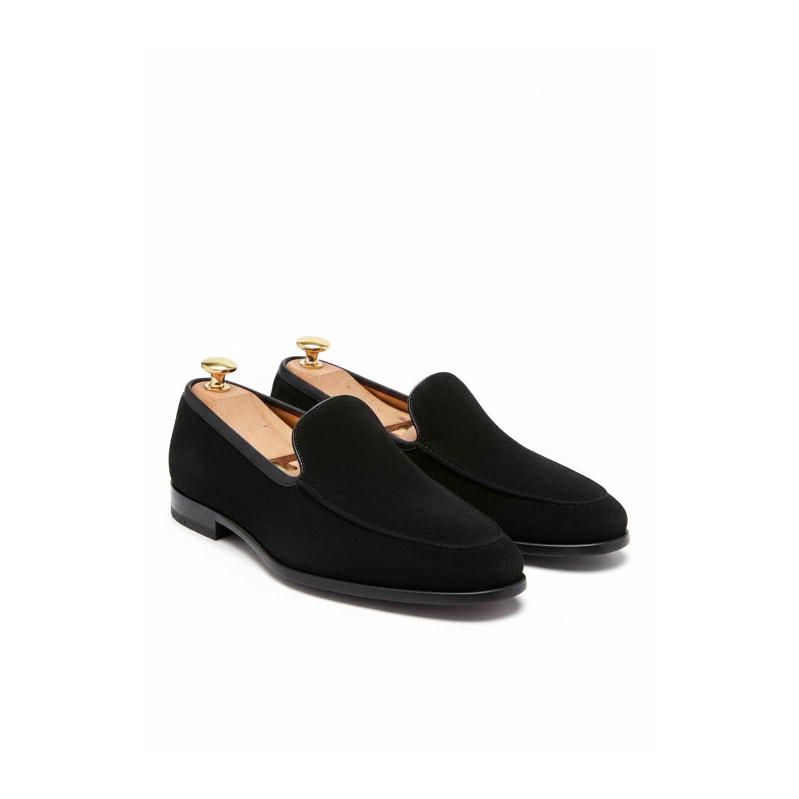 Men's Black Suede Penny Loafers - three-quarter-view