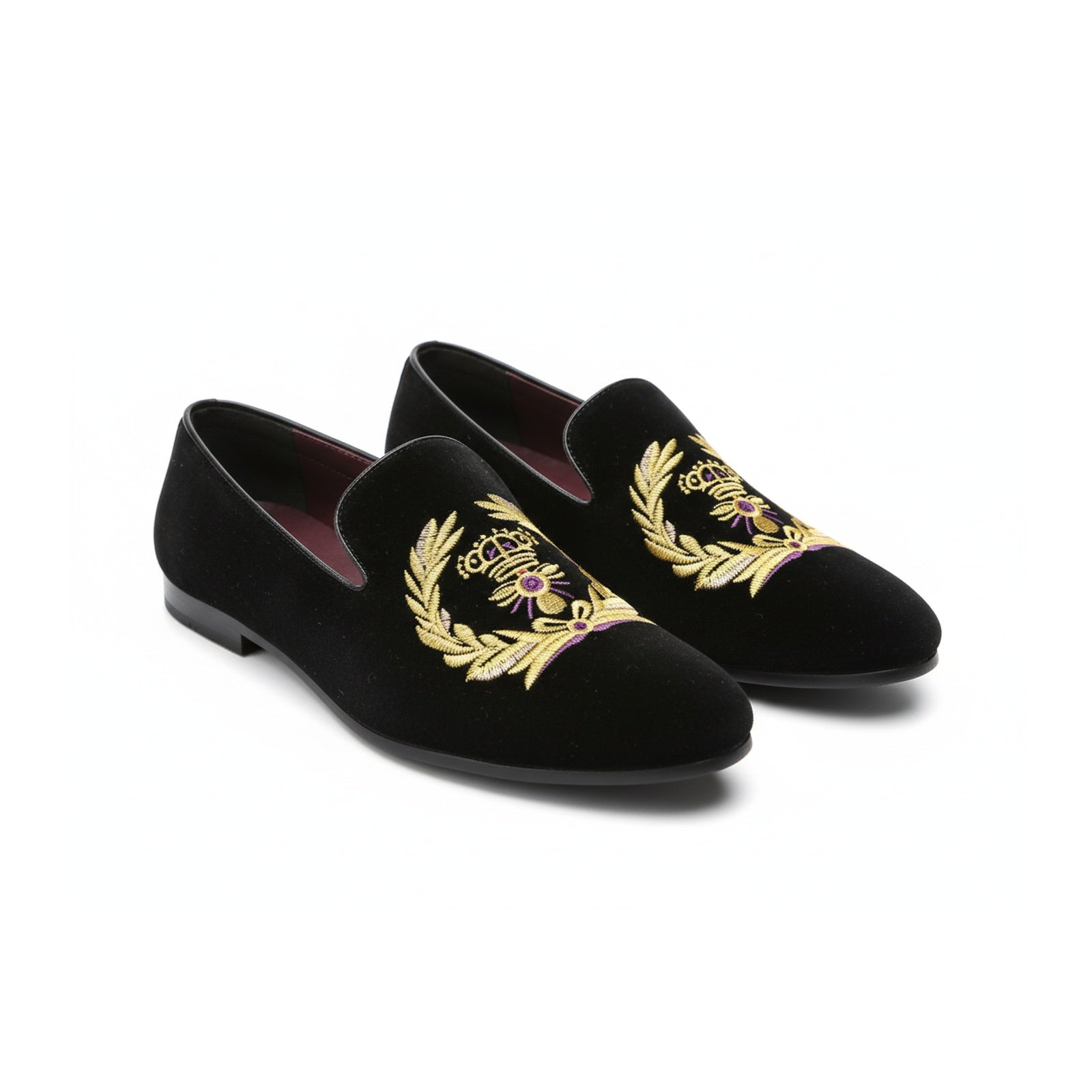 three-quarter-view - Men's Black Velvet Embroidered Loafers