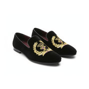 three-quarter-view - Men's Black Velvet Embroidered Loafers