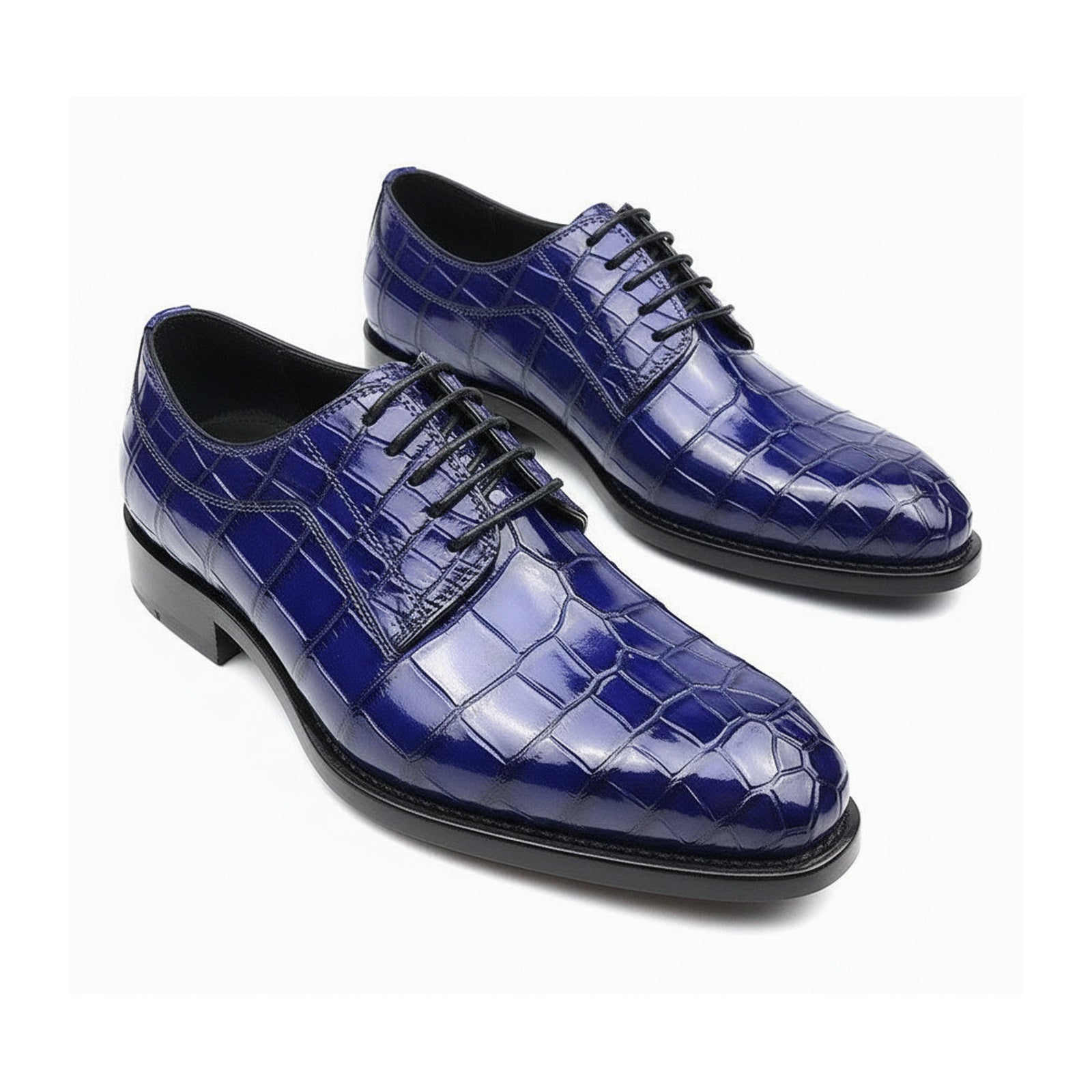 three-quarter-view - Men's Blue Alligator Leather Shoes with Goodyear Welted Sole