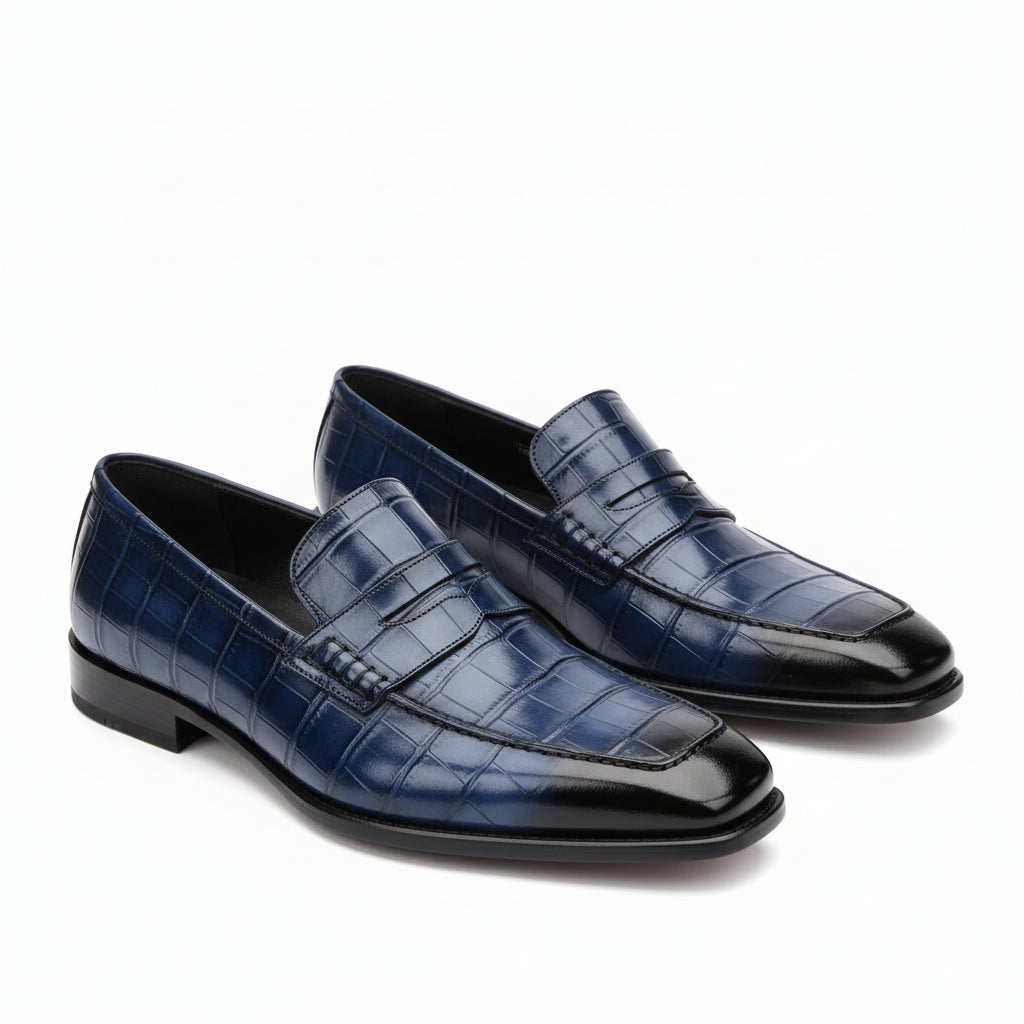 three-quarter-view - Men's Blue Alligator Print Leather Dress Loafers