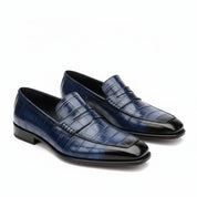 three-quarter-view - Men's Blue Alligator Print Leather Dress Loafers