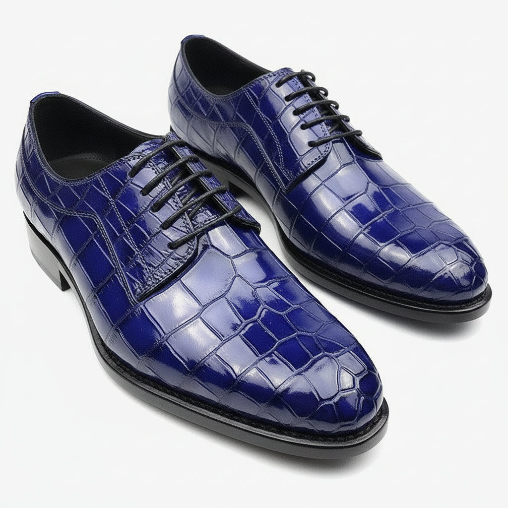three-quarter-view - Men's Blue Crocodile Embossed Leather Oxford Shoes