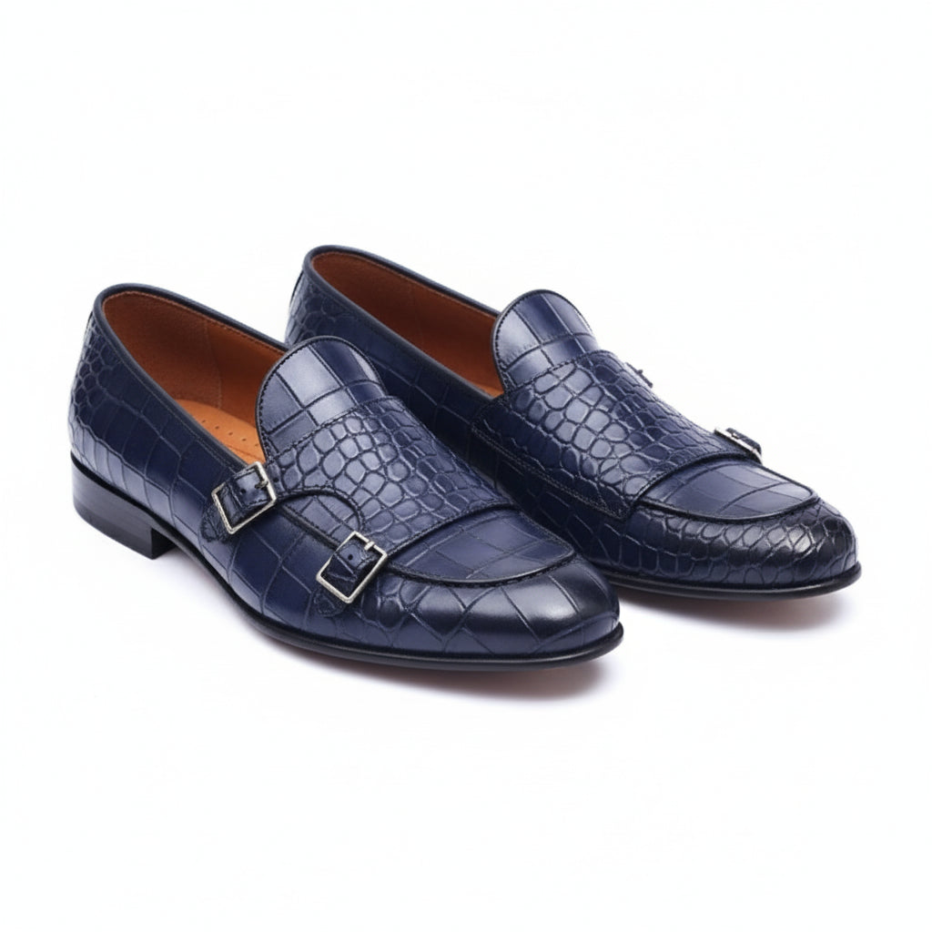Men's Blue Crocodile Monk Strap Leather Shoes - three-quarter-view