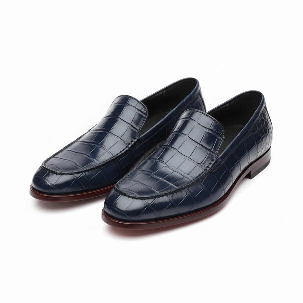 Men's Blue Crocodile Patterned Leather Dress Shoes - three-quarter-view