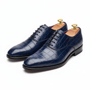 Men's Blue Lace-Up Crocodile Patterned Leather Shoes - three-quarter-view