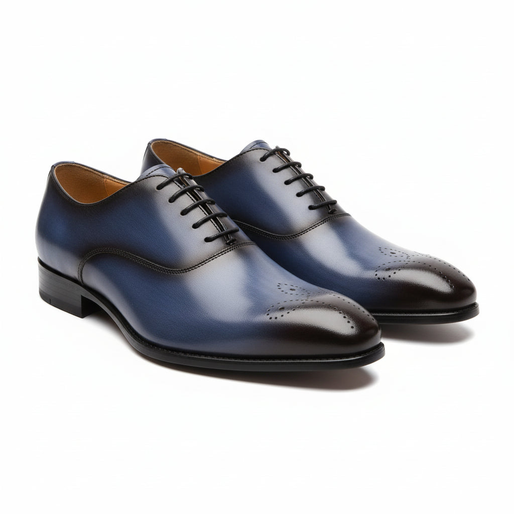 three-quarter-view - Men's Blue Leather Brogue Dress Shoes