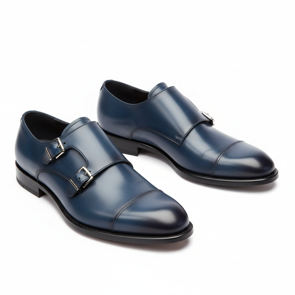 three-quarter-view - Men's Blue Leather Double Buckle Dress Shoes
