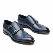 three-quarter-view - Men's Blue Leather Double Buckle Dress Shoes