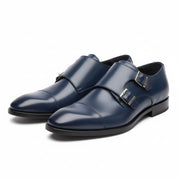 three-quarter-view - Men's Blue Leather Double Monk Strap Dress Shoes