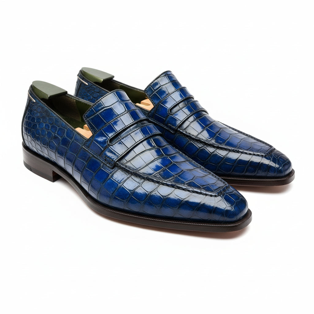 three-quarter-view - Men's Blue Leather Moccasins with Crocodile Embossing