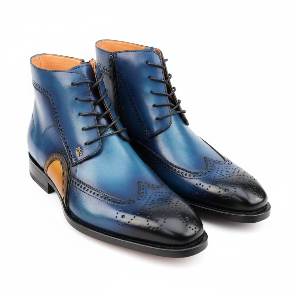three-quarter-view - Men's Blue Leather Wing Tip Brogue Boots
