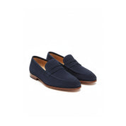three-quarter-view - Men's Blue Suede Leather Loafers – Slip-On Design