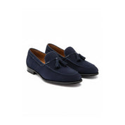 three-quarter-view - Men's Blue Suede Moccasin Loafers with Tassels