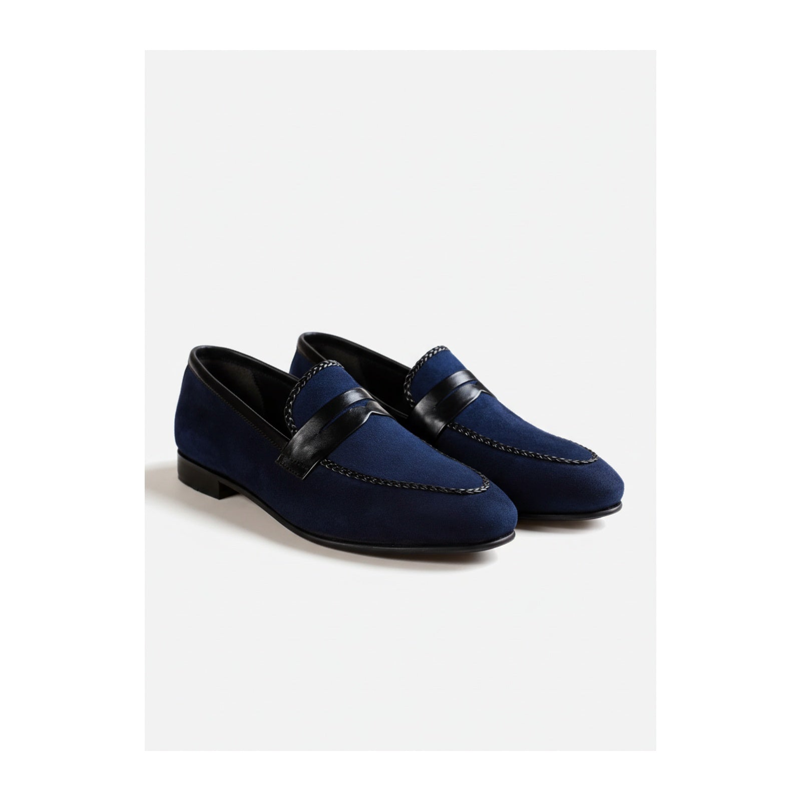 three-quarter-view - Men's Blue Suede Moccasins with Leather Sole