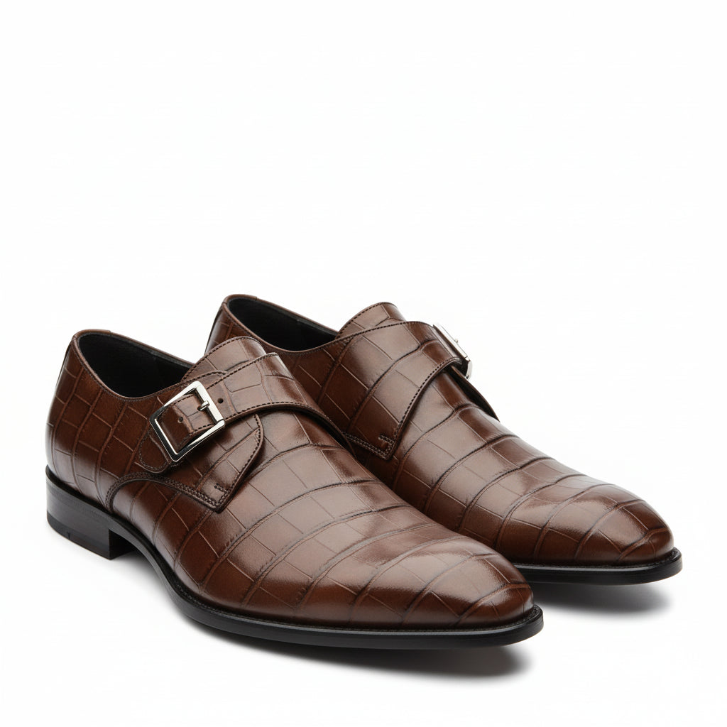 three-quarter-view - Men's Brown Alligator Leather Monk Shoes
