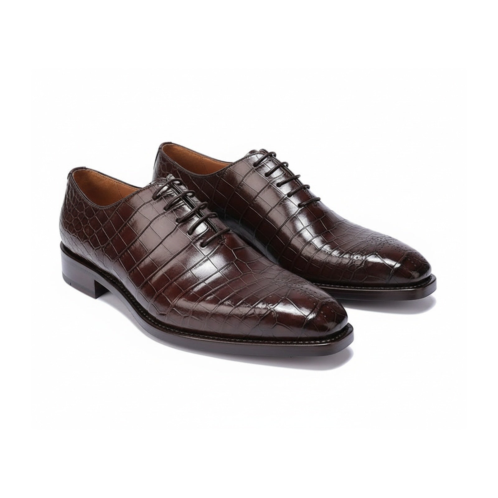 Men's Brown Alligator Print Leather Dress Shoes - three-quarter-view