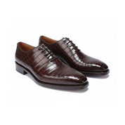Men's Brown Alligator Print Leather Dress Shoes - three-quarter-view