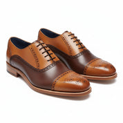 Men's Brown and Tan Leather Brogue Dress Shoes, Oxford Style - three-quarter-view